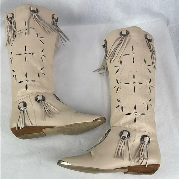 Wild Pair Cream Leather Boots with Geometric Laser Cut Out and Fringe - Picture 5 of 5